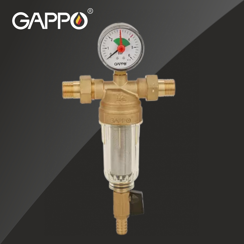 Фильтр промывной НР для холодной воды Gappo, сетчатый, с манометром и дренажным краном
