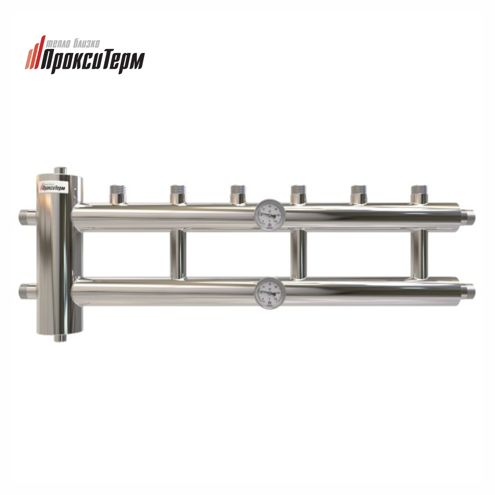 Коллектор распределительный с гидрострелкой GSK 25-3.1 Proxytherm (Россия) 4 контура + пластиковый стеновой крепеж