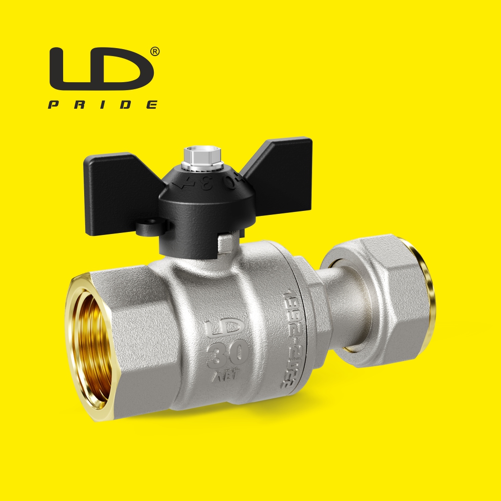 Кран шаровой латунный LD Pride (Россия) ВР-НГ (c накидной гайкой)